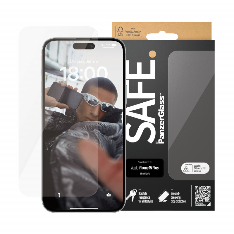 Стъклен протектор Safe за Apple iPhone 15 Plus, UW...