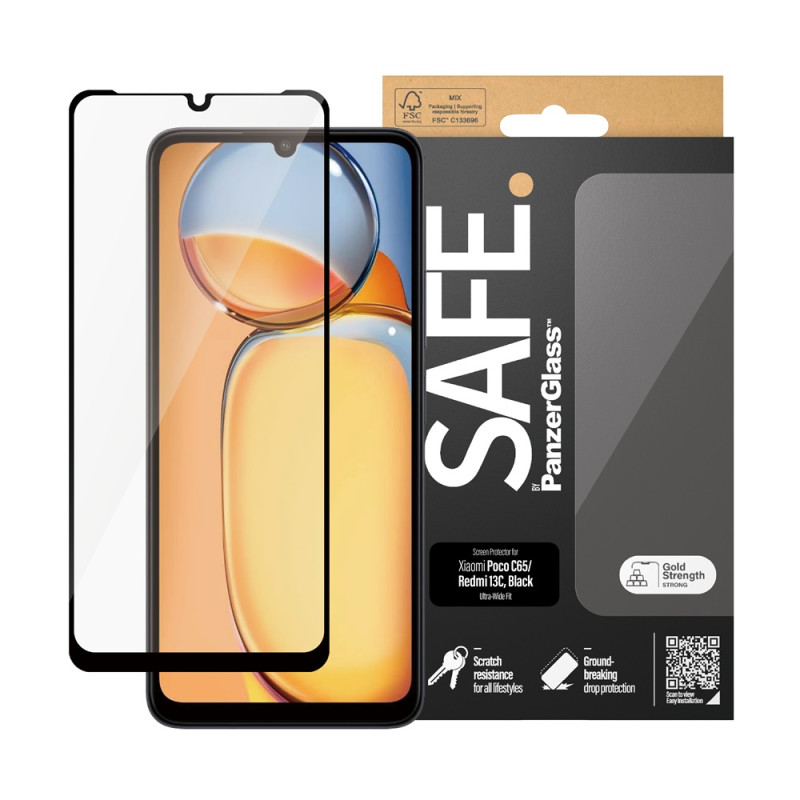 Стъклен протекто Safe за Xiaomi  Redmi 13C, Poco C65, UWF, Черен