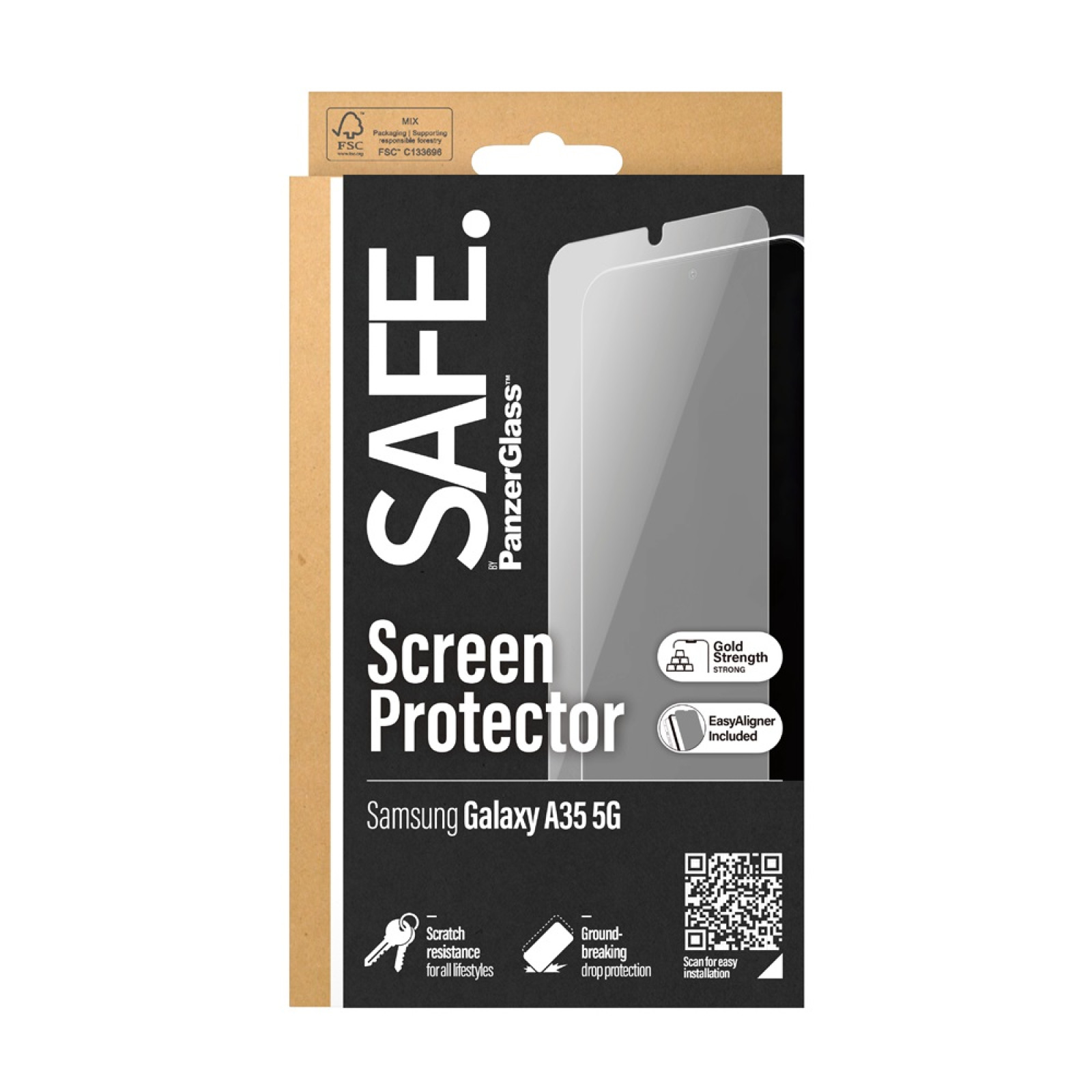 Стъклен протектор Safe за Samsung Galaxy A35 5 G, Recycled Glass, UWF, Черен