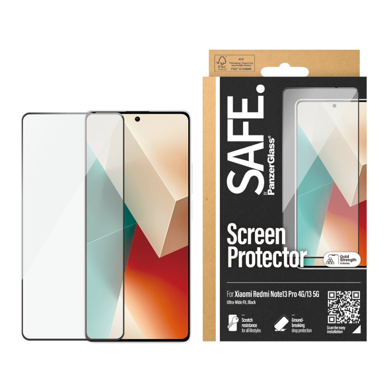 Стъклен протектор Safe за Xiaomi Redmi Note 13 5G, Redmi Note 13 Pro 4G, UWF, Черен