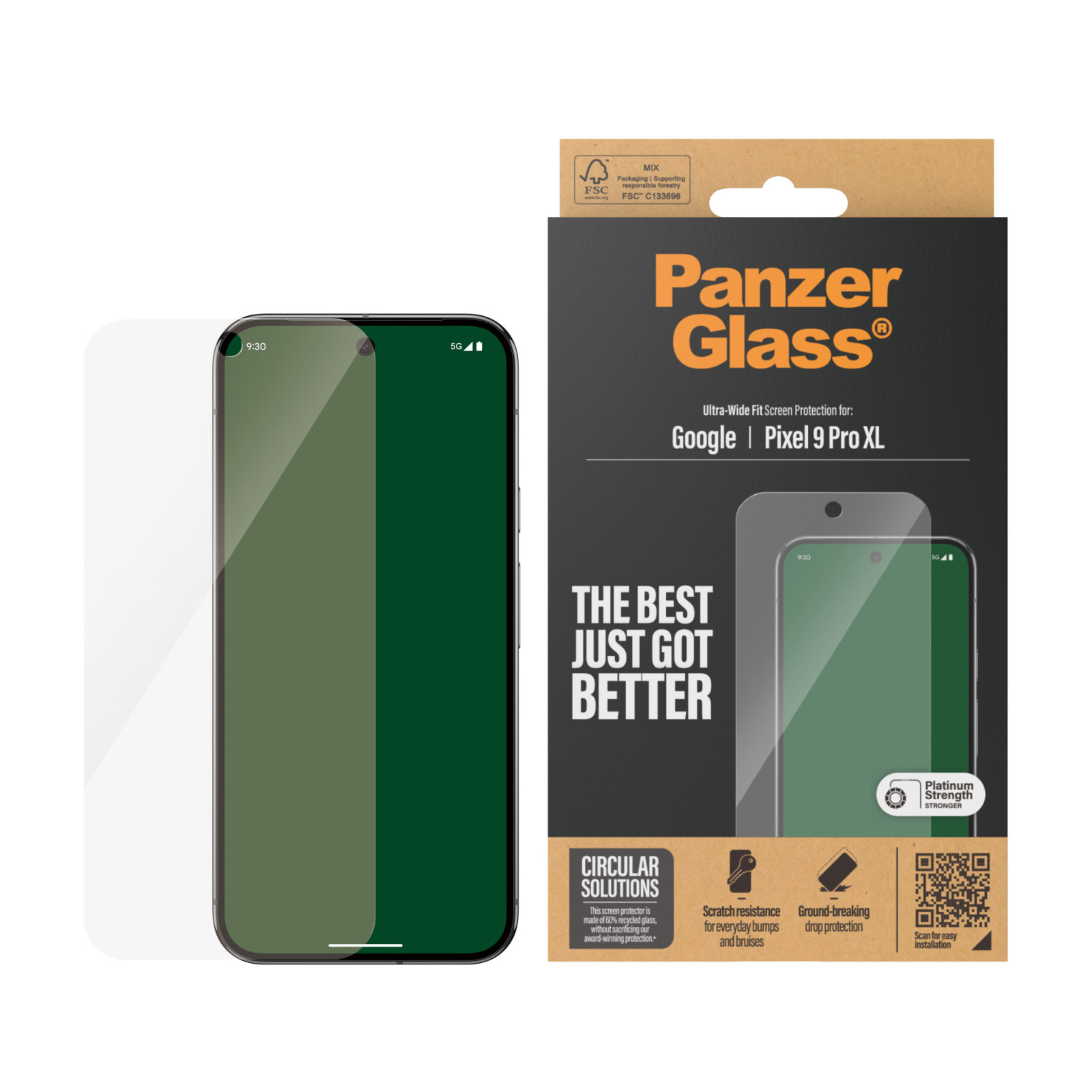 Стъклен протектор PanzerGlass за Google Pixel 9 Pro XL, UWF, Antibacterial,Черен