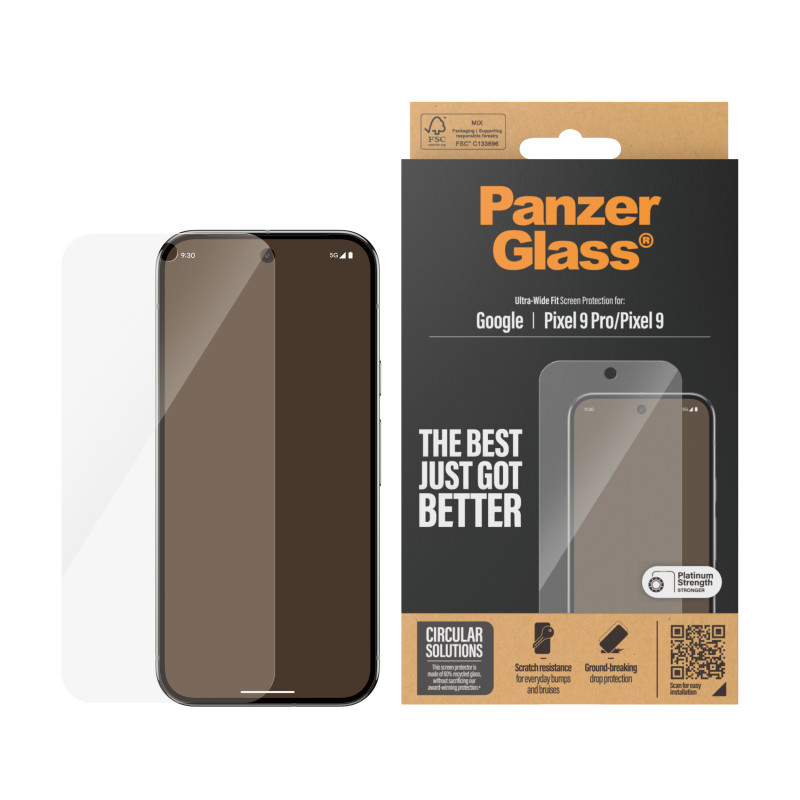 Стъклен протектор PanzerGlass за Google Pixel 9 Pro, Pixel 9, UWF, Antibacterial,Черен