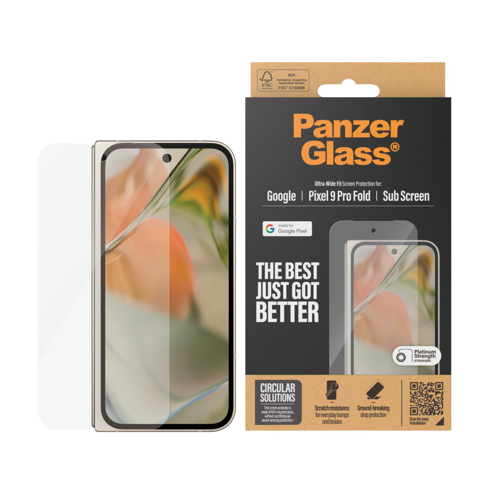 Стъклен протектор PanzerGlass за Google Pixel 9 Pro Fold, UWF, Antibacterial,Черен