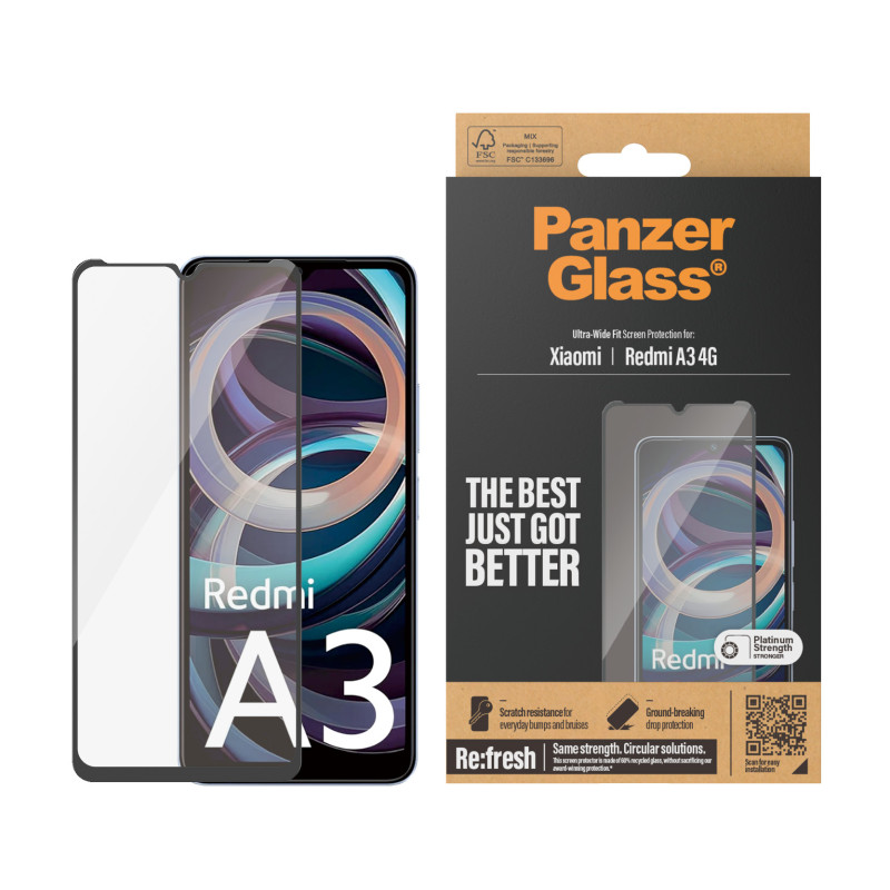Стъклен протектор PanzerGlass за Xiaomi Redmi A3 4G, UWF, Черен