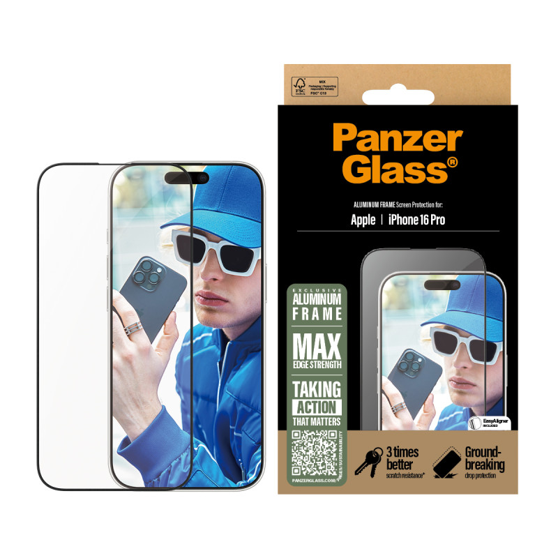 Стъклен протектор PanzerGlass за iPhone 16 Pro, Aluminum Frame, Ultra-Wide Fit