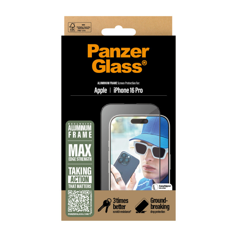 Стъклен протектор PanzerGlass за iPhone 16 Pro, Aluminum Frame, Ultra-Wide Fit