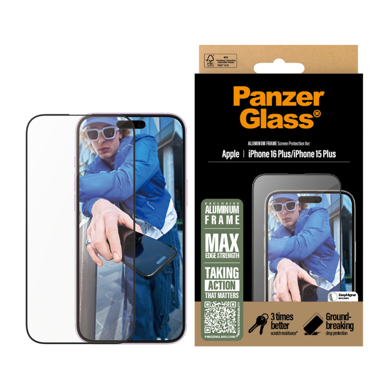 Стъклен протектор PanzerGlass за iPhone 16 Plus, 15 Plus, Aluminum Frame, Ultra-Wide Fit