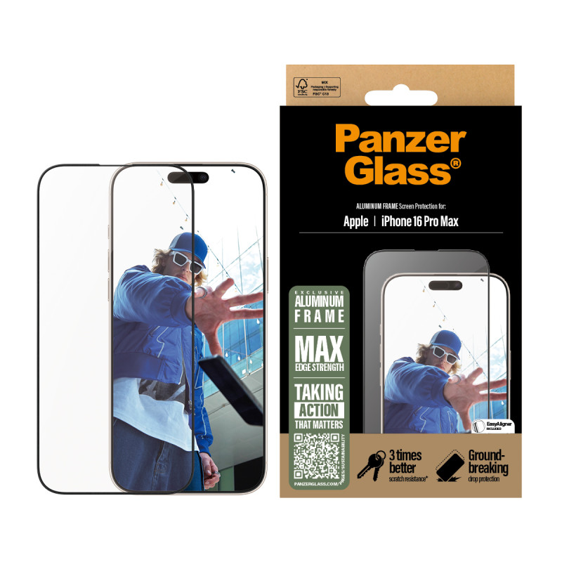 Стъклен протектор PanzerGlass за iPhone 16 Pro Max, Aluminum Frame, Ultra-Wide Fit