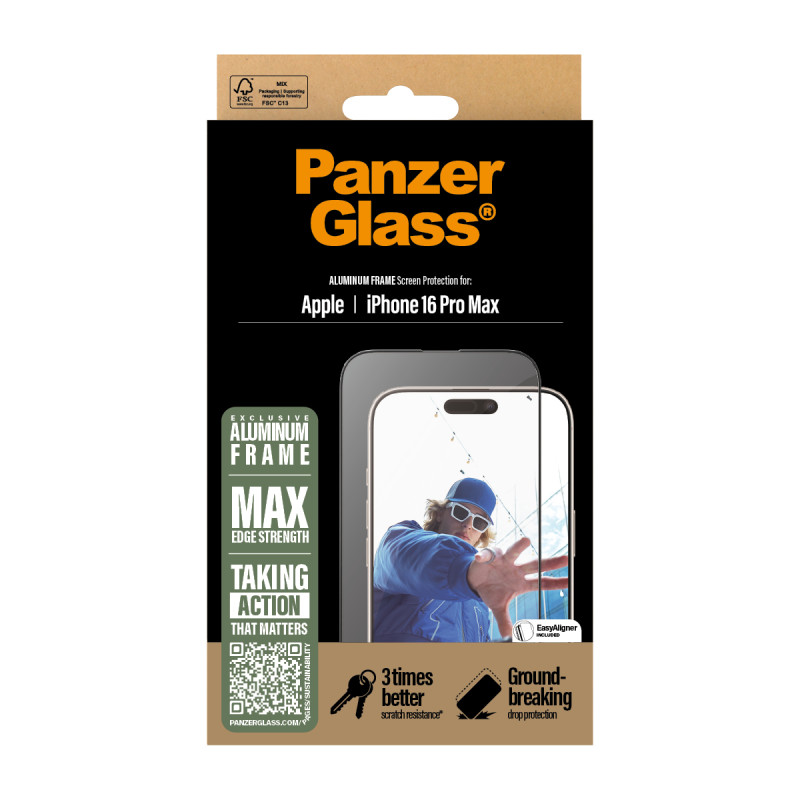 Стъклен протектор PanzerGlass за iPhone 16 Pro Max, Aluminum Frame, Ultra-Wide Fit