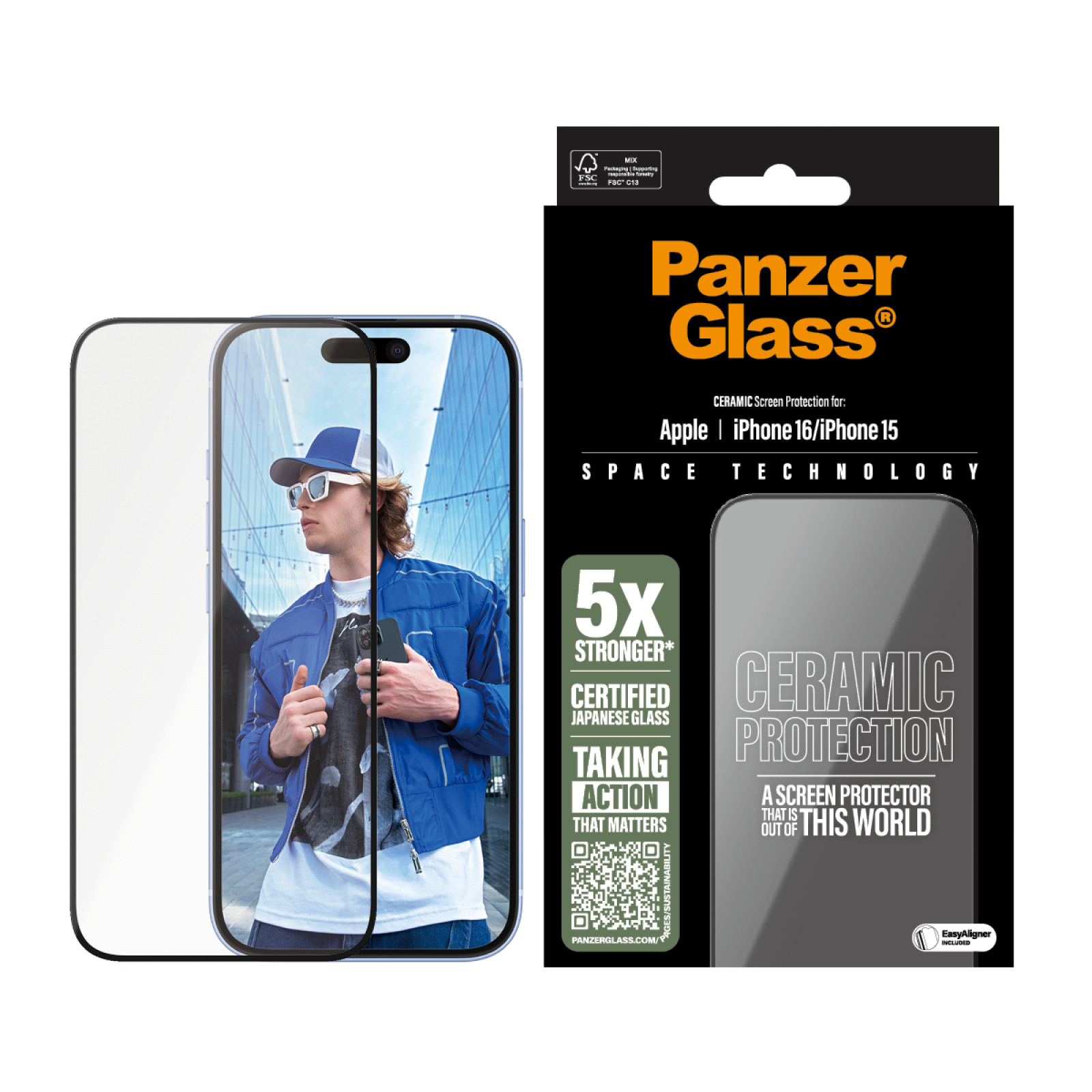 Стъклен протектор PanzerGlass за iPhone 16, 15, Ceramic, Ultra-Wide Fit