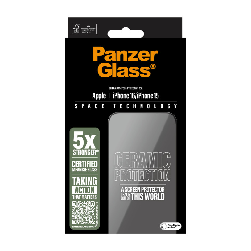 Стъклен протектор PanzerGlass за iPhone 16, 15, Ceramic, Ultra-Wide Fit