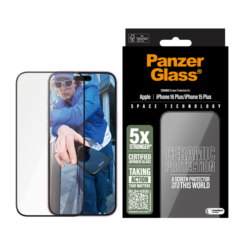 Стъклен протектор PanzerGlass за iPhone 16 Plus, 15 Plus, Ceramic, Ultra-Wide Fit