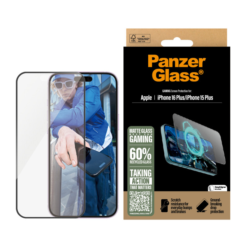 Стъклен протектор PanzerGlass за iPhone 16 Plus, 15 Plus, Gaming, Ultra-Wide Fit