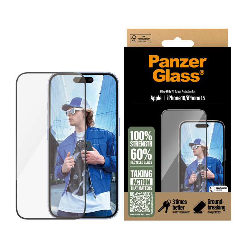 Стъклен протектор PanzerGlass за iPhone 16, 15, Ultra-Wide Fit