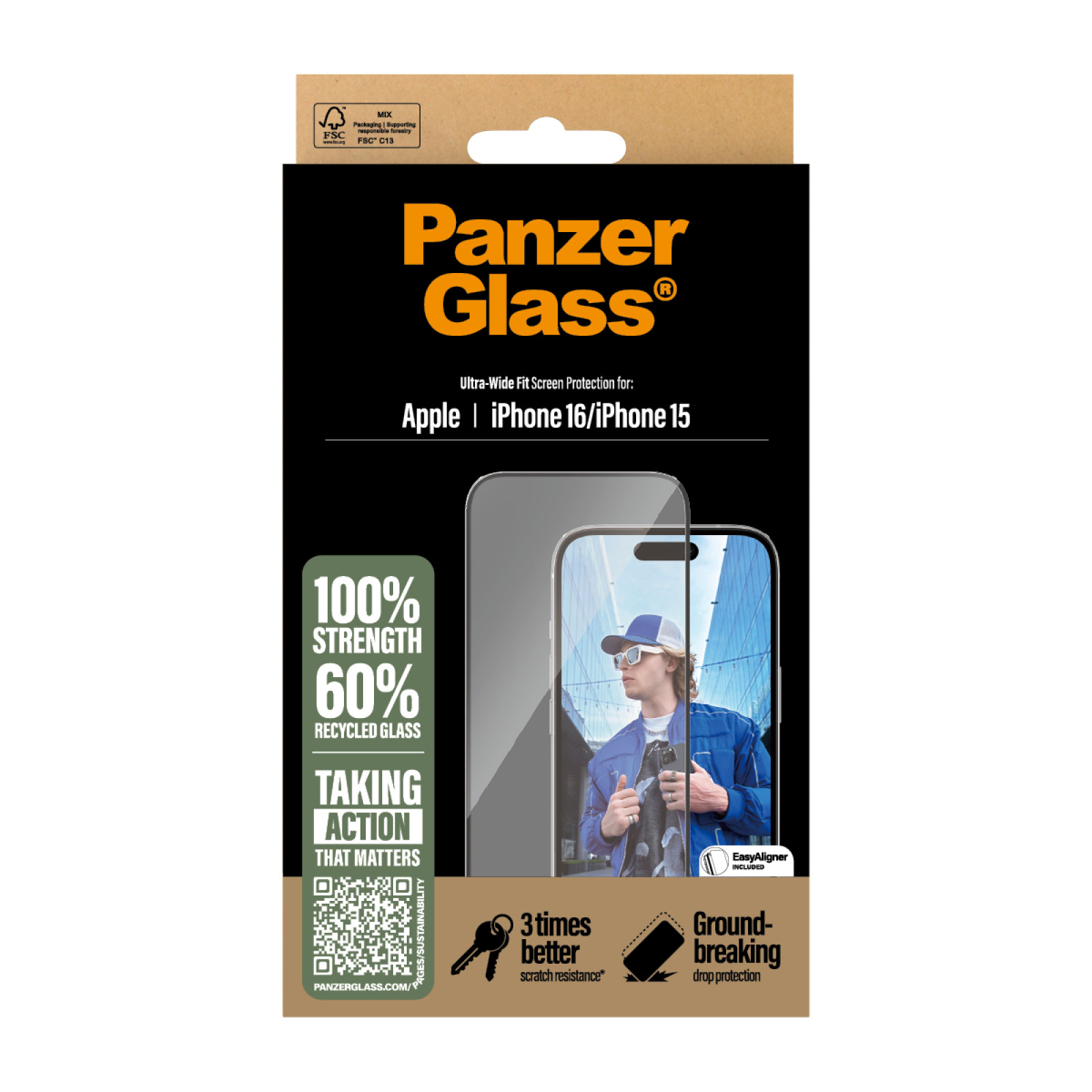 Стъклен протектор PanzerGlass за iPhone 16, 15, Ultra-Wide Fit