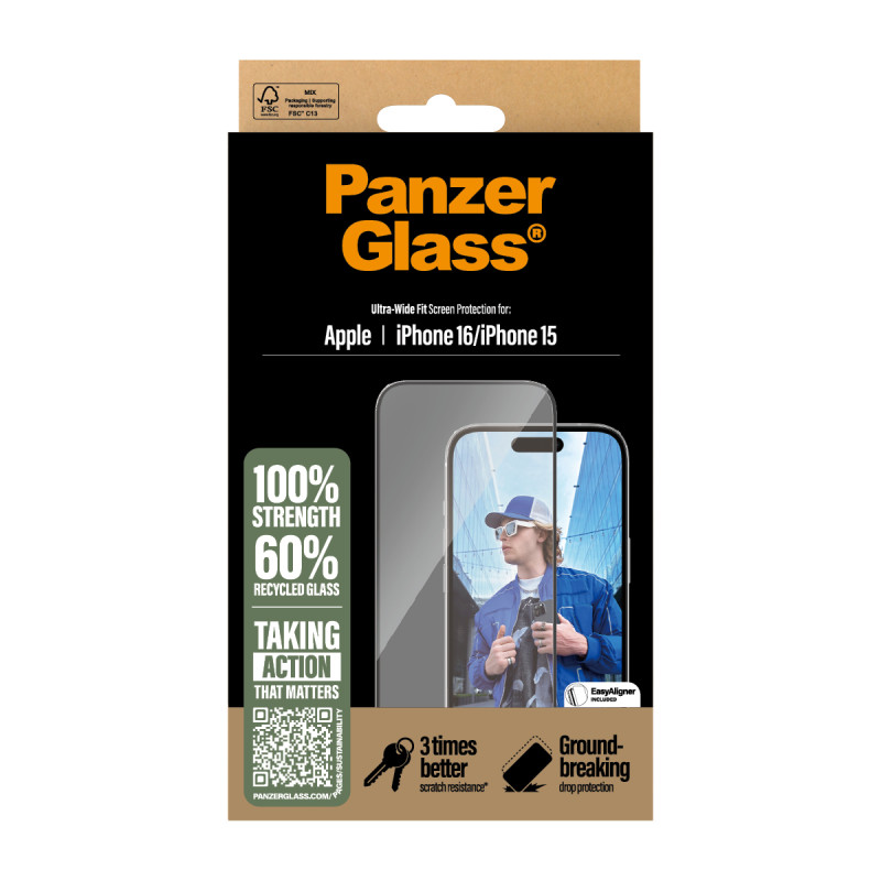 Стъклен протектор PanzerGlass за iPhone 16, 15, Ultra-Wide Fit