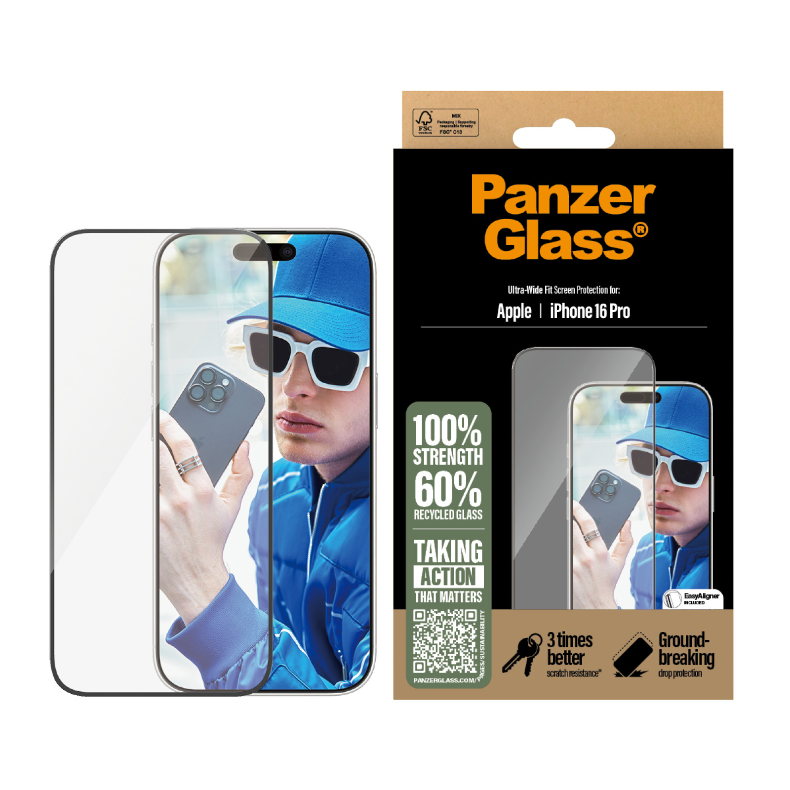 Стъклен протектор PanzerGlass за iPhone 16 Pro, Ultra-Wide Fit