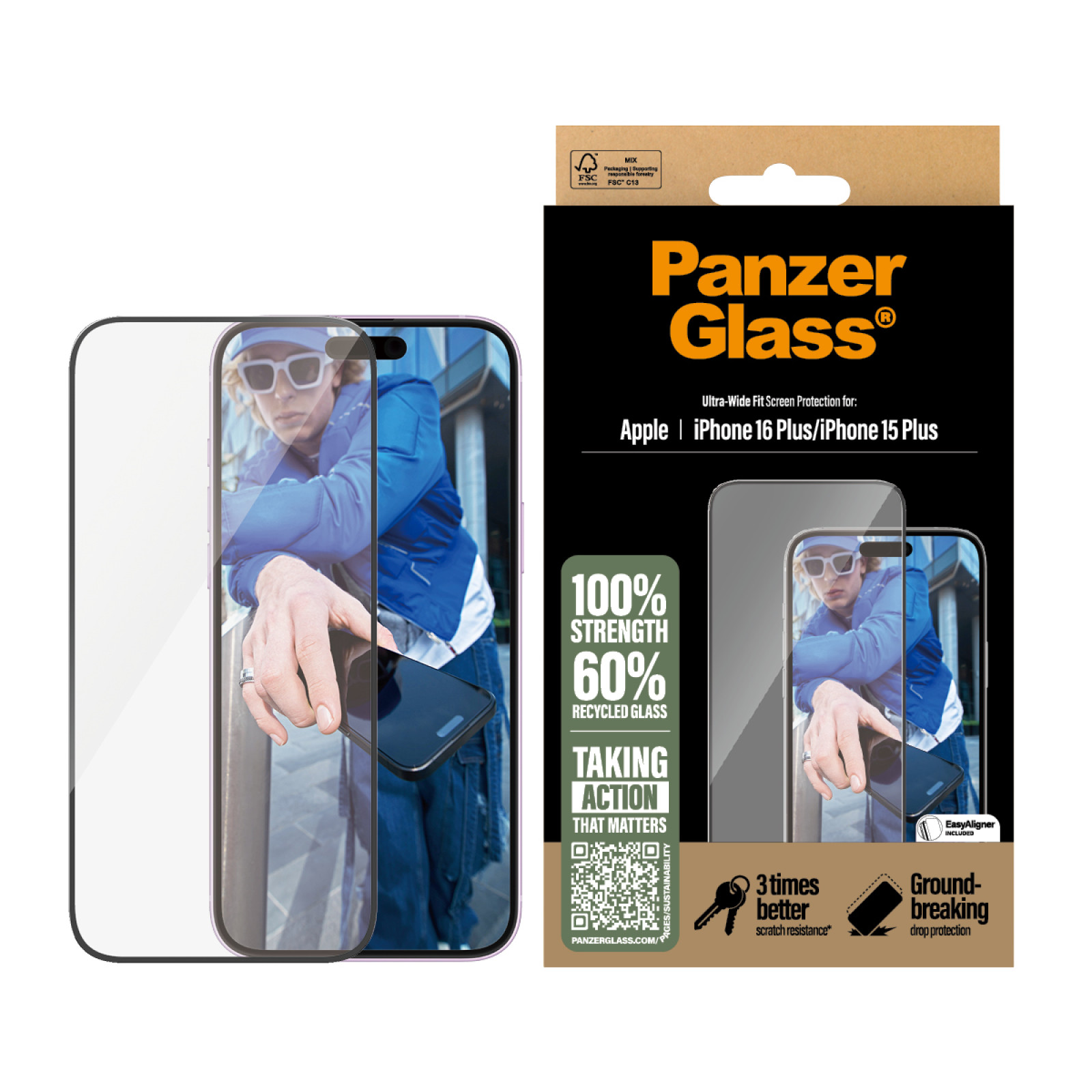 Стъклен протектор PanzerGlass за iPhone 16 Plus,15 Plus, Ultra-Wide Fit