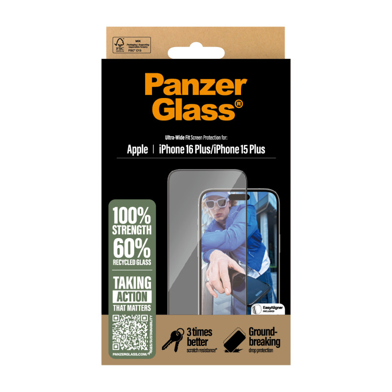 Стъклен протектор PanzerGlass за iPhone 16 Plus,15 Plus, Ultra-Wide Fit