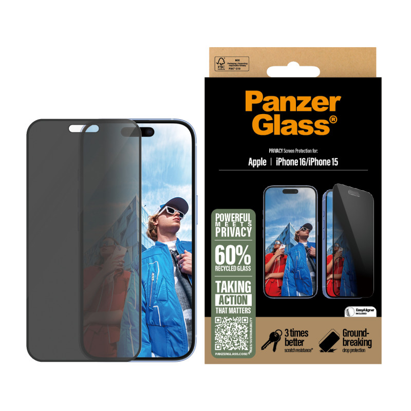 Стъклен протектор PanzerGlass за iPhone 16, 15,  Privacy, Ultra-Wide Fit