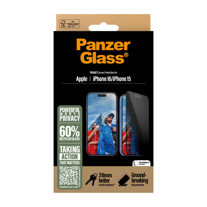 Стъклен протектор PanzerGlass за iPhone 16, 15,  Privacy, Ultra-Wide Fit