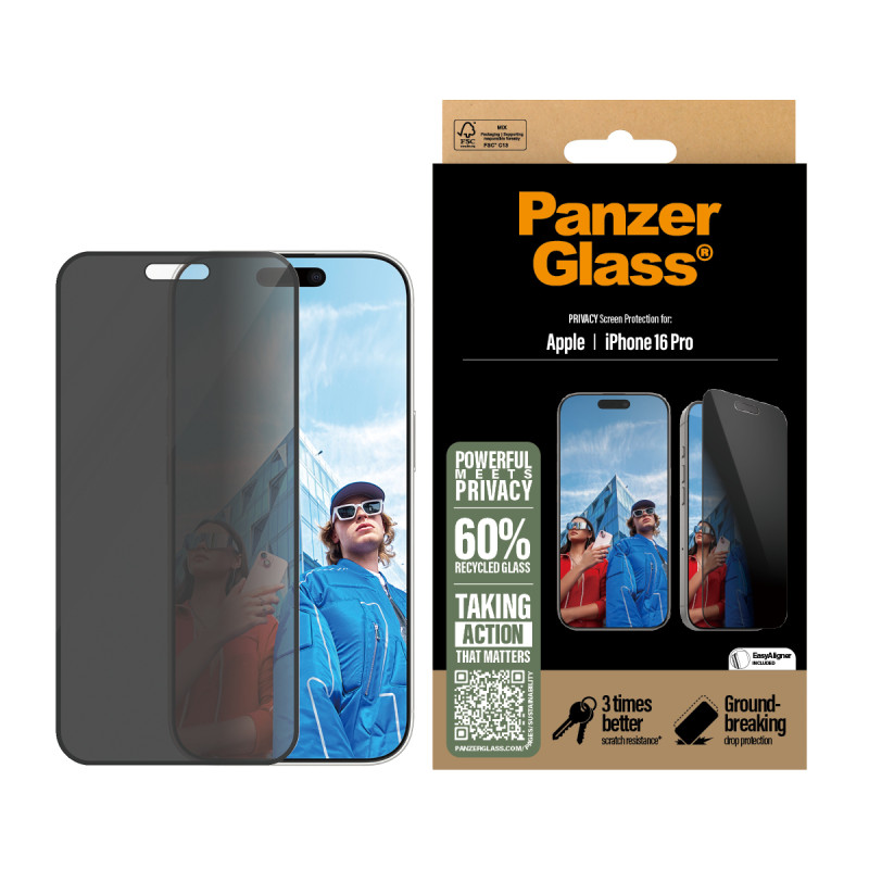 Стъклен протектор PanzerGlass за iPhone 16 Pro, Privacy, Ultra-Wide Fit