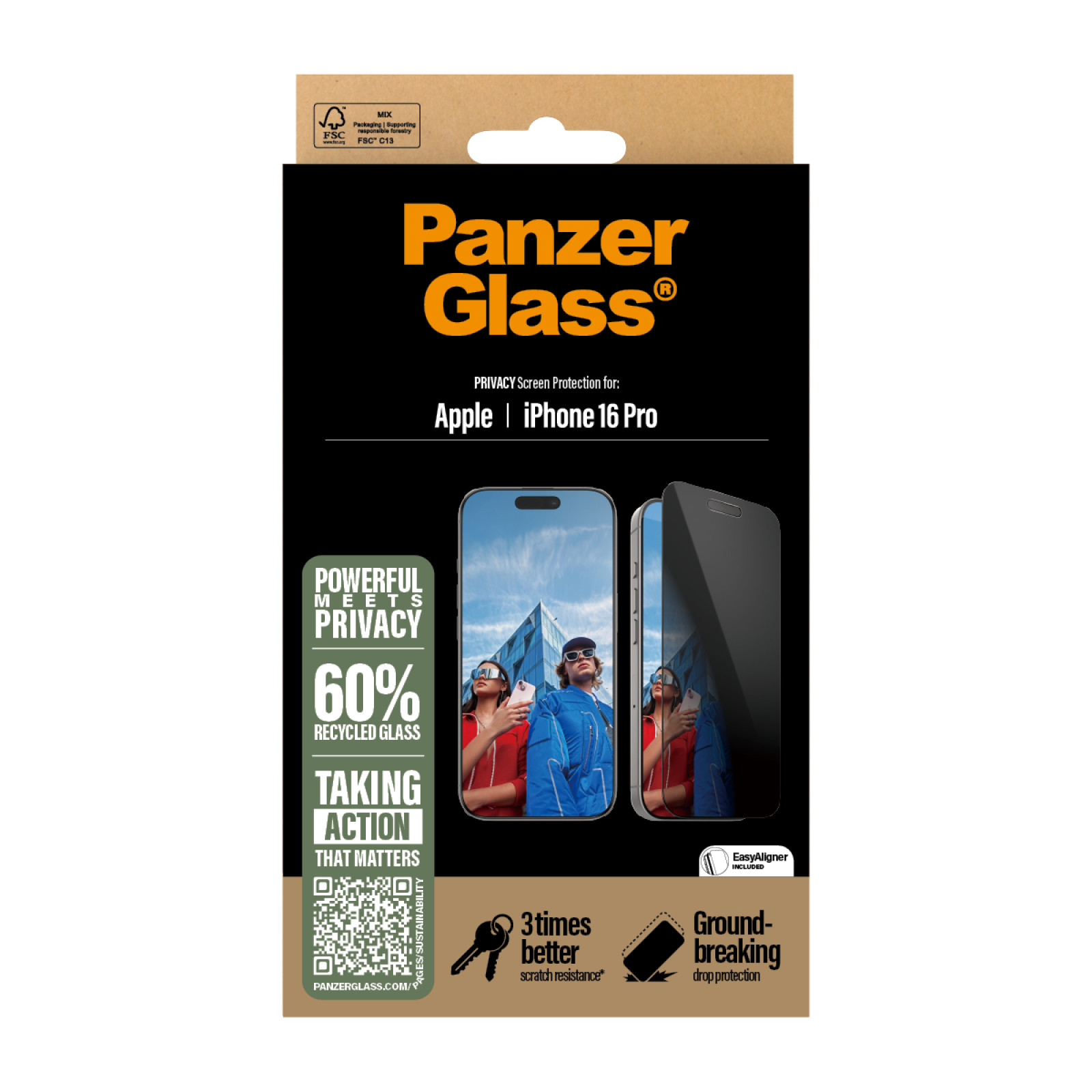 Стъклен протектор PanzerGlass за iPhone 16 Pro, Privacy, Ultra-Wide Fit