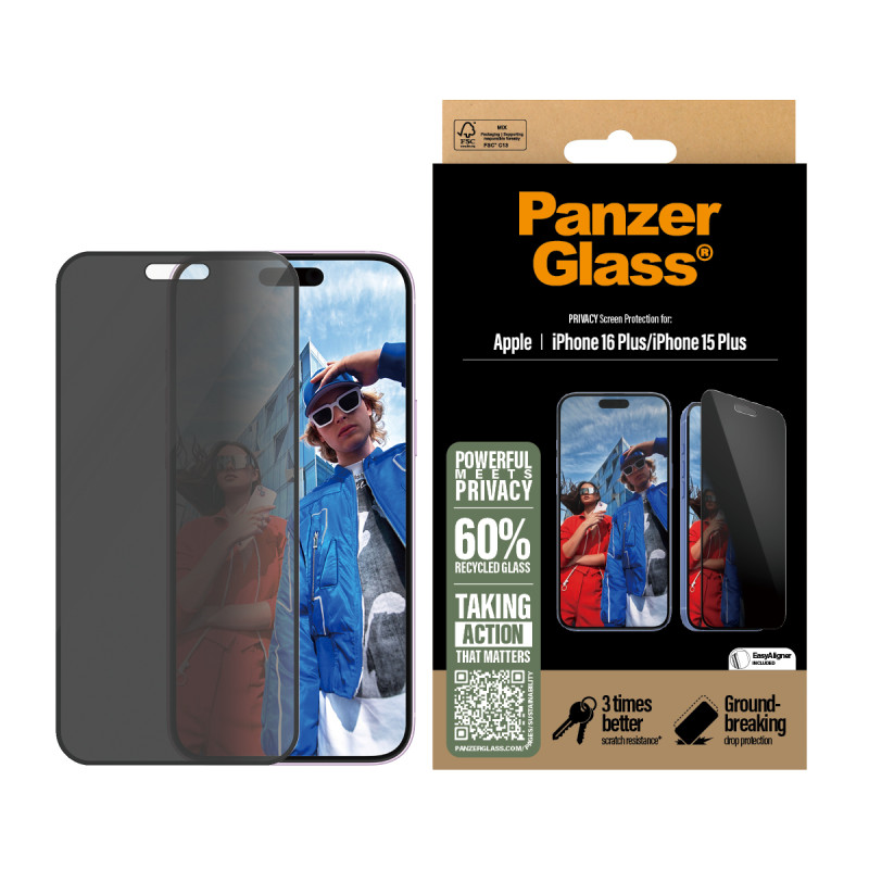 Стъклен протектор PanzerGlass за iPhone 16 Plus, 15 Plus, Privacy, Ultra-Wide Fit