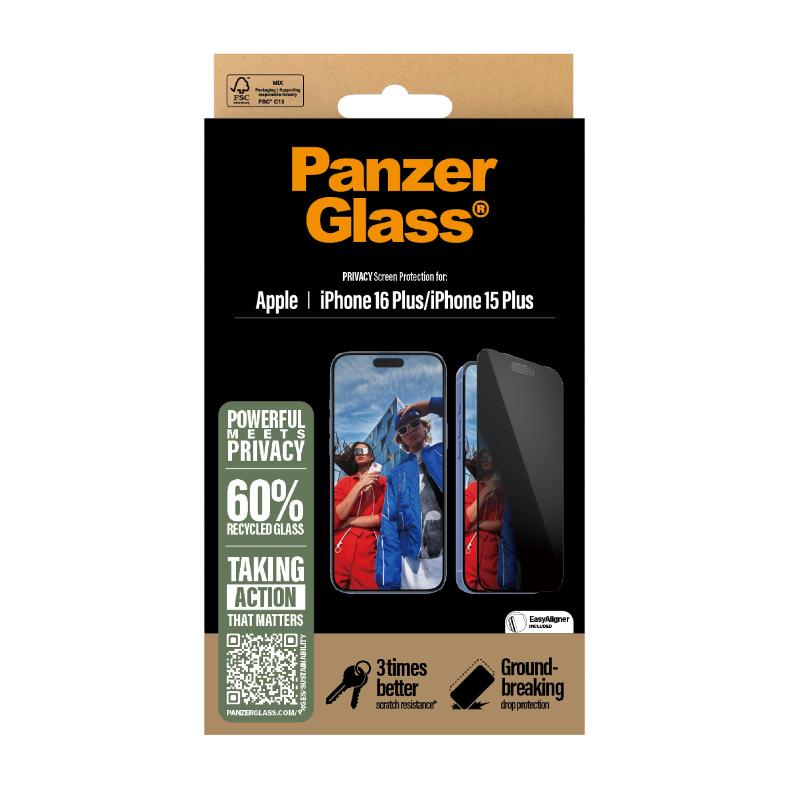 Стъклен протектор PanzerGlass за iPhone 16 Plus, 15 Plus, Privacy, Ultra-Wide Fit