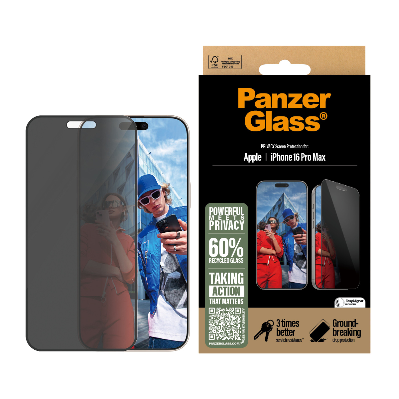 Стъклен протектор PanzerGlass за iPhone 16 Pro Max, Privacy, Ultra-Wide Fit