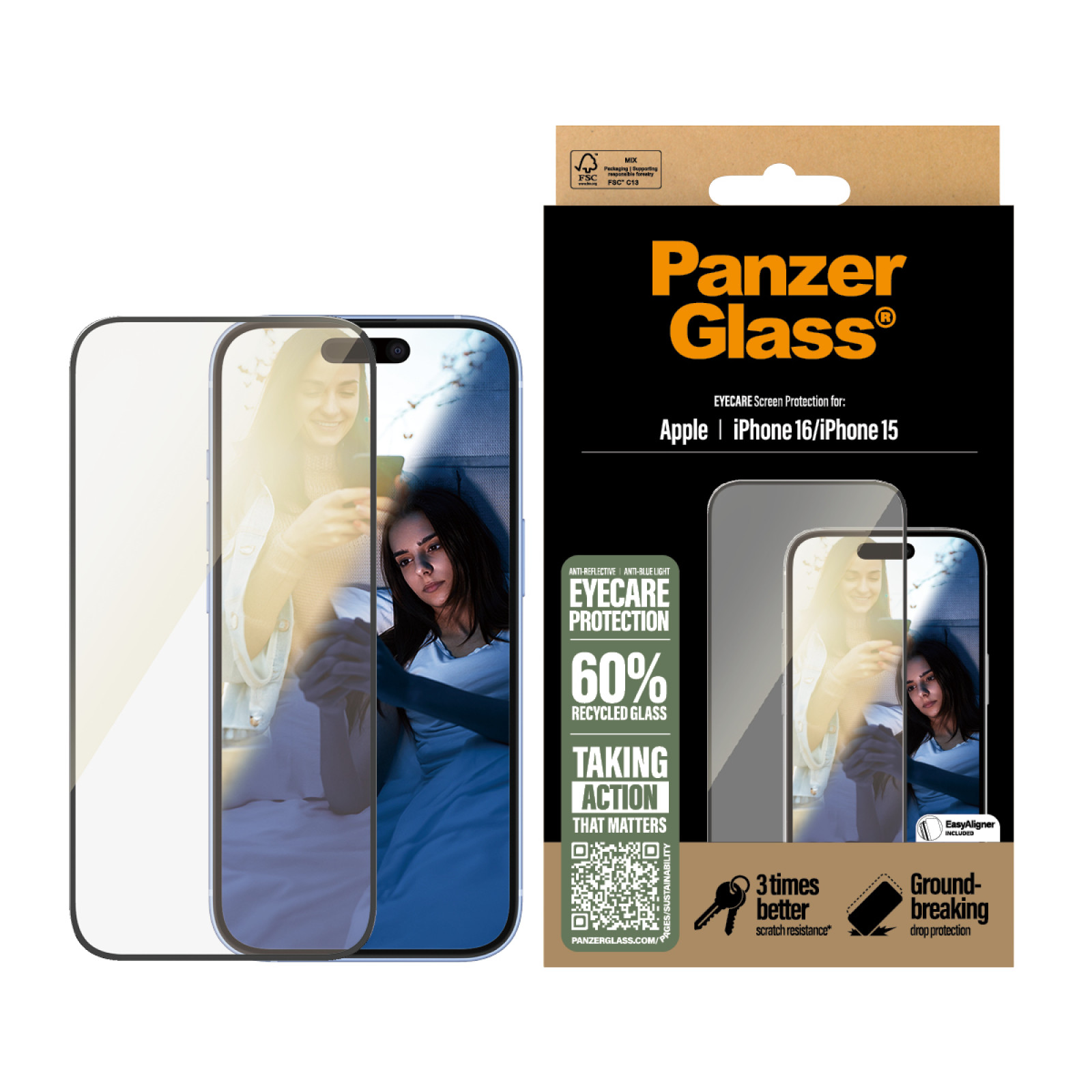 Стъклен протектор PanzerGlass за iPhone 16, 15,  EyeCare, Ultra-Wide Fit