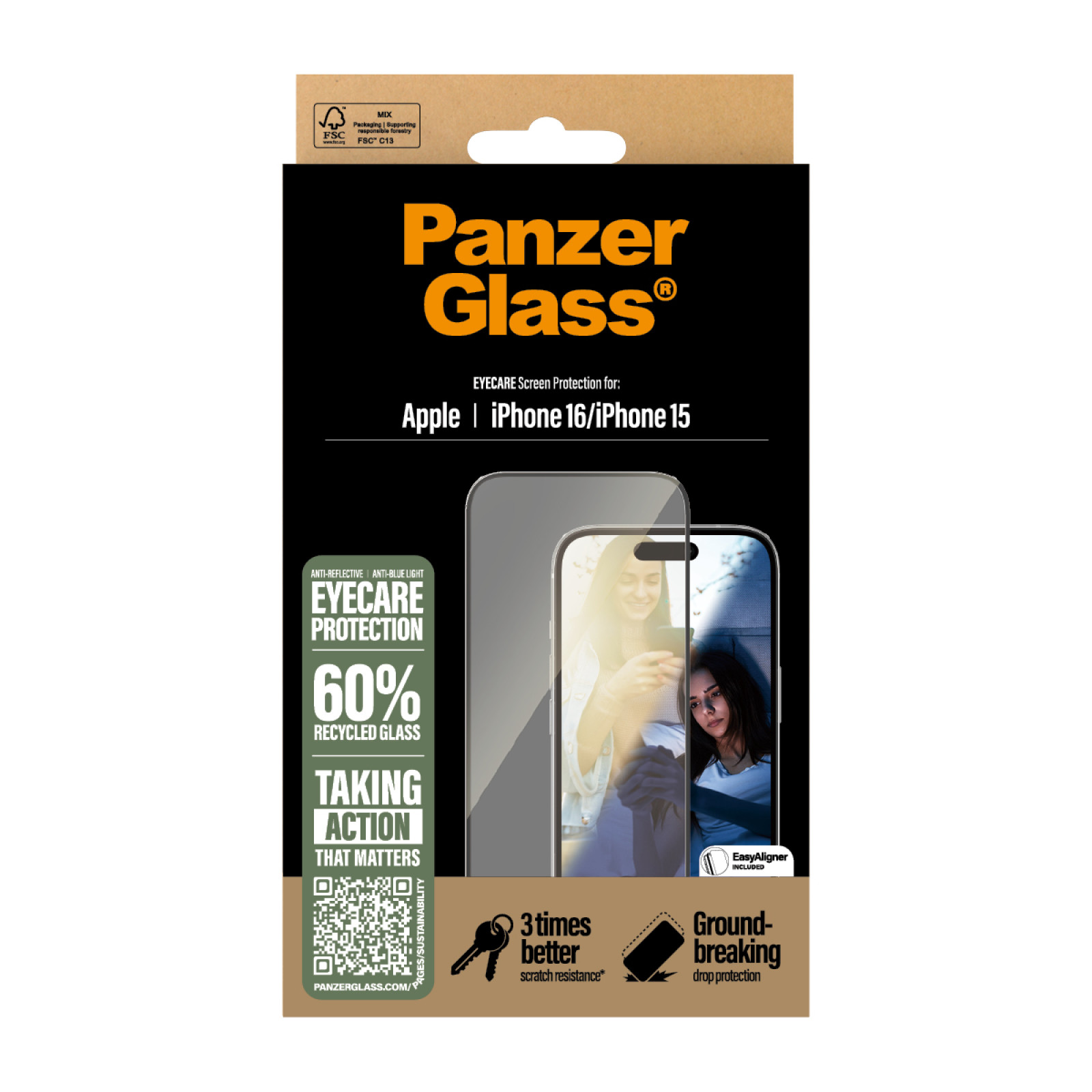 Стъклен протектор PanzerGlass за iPhone 16, 15,  EyeCare, Ultra-Wide Fit