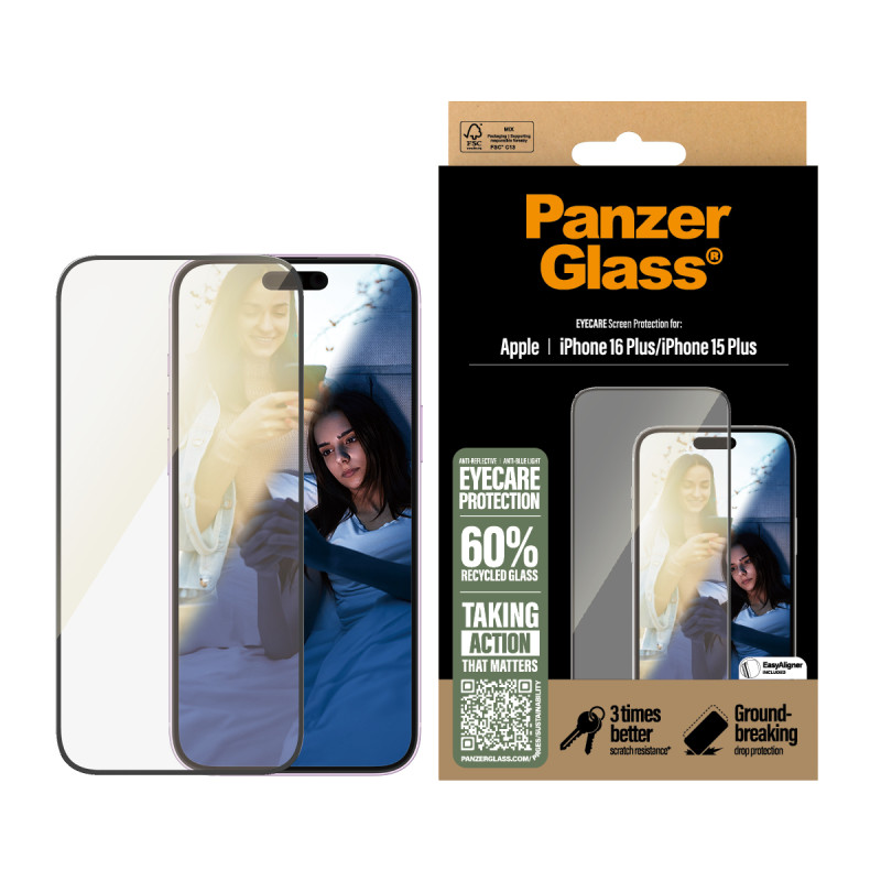 Стъклен протектор PanzerGlass за iPhone 16 Plus,15 Plus. EyeCare, Ultra-Wide Fit