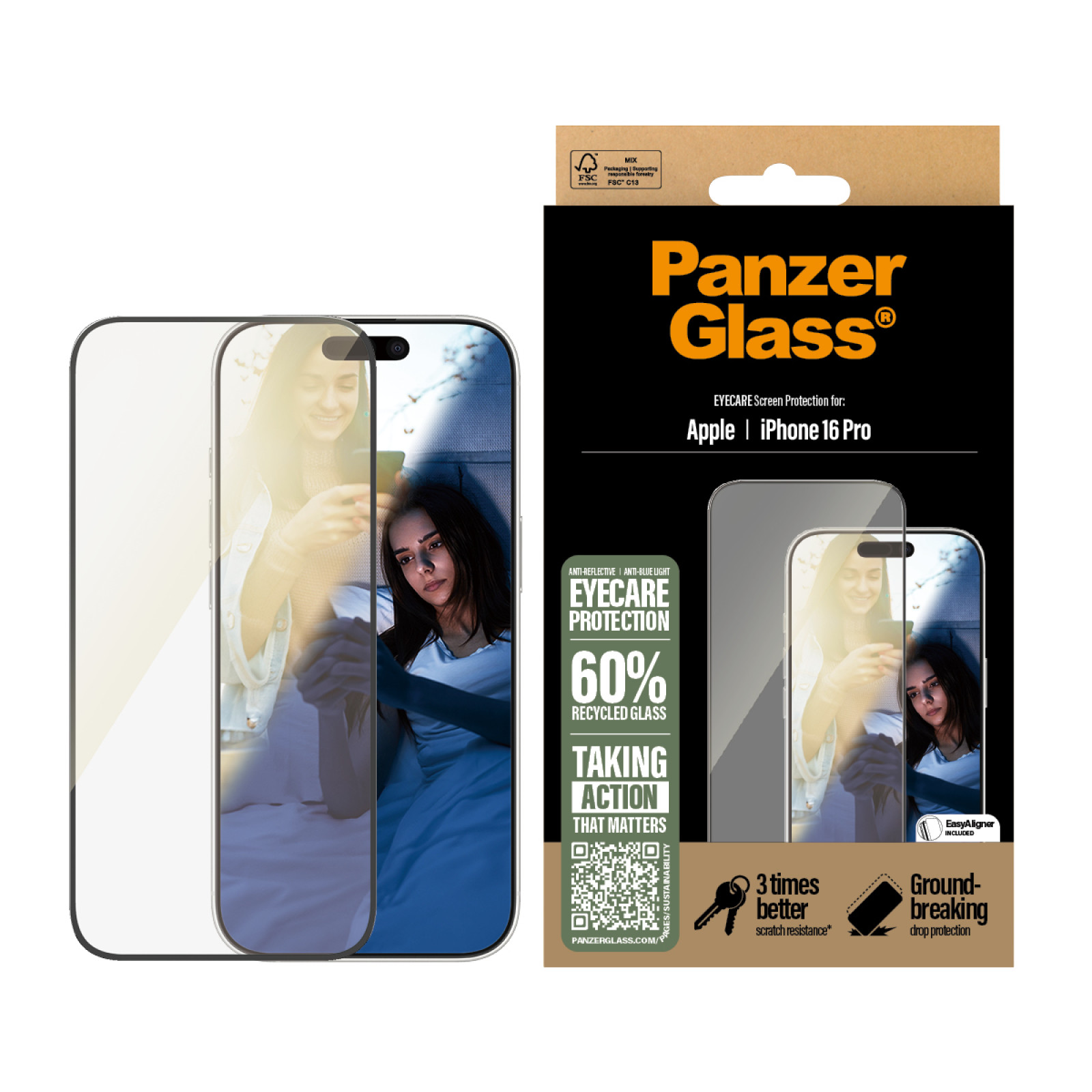 Стъклен протектор PanzerGlass за iPhone 16 Pro, EyeCare, Ultra-Wide Fit