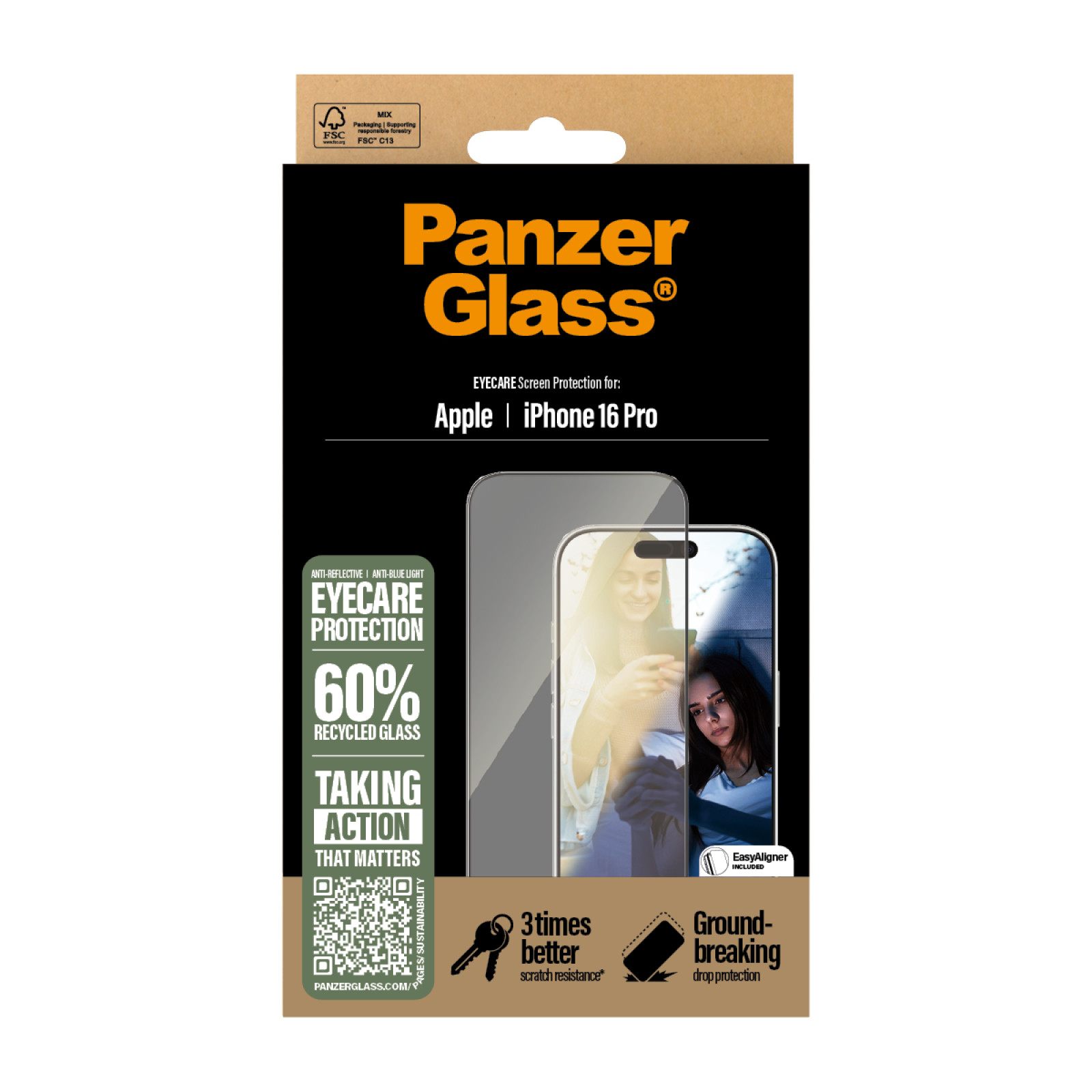 Стъклен протектор PanzerGlass за iPhone 16 Pro, EyeCare, Ultra-Wide Fit