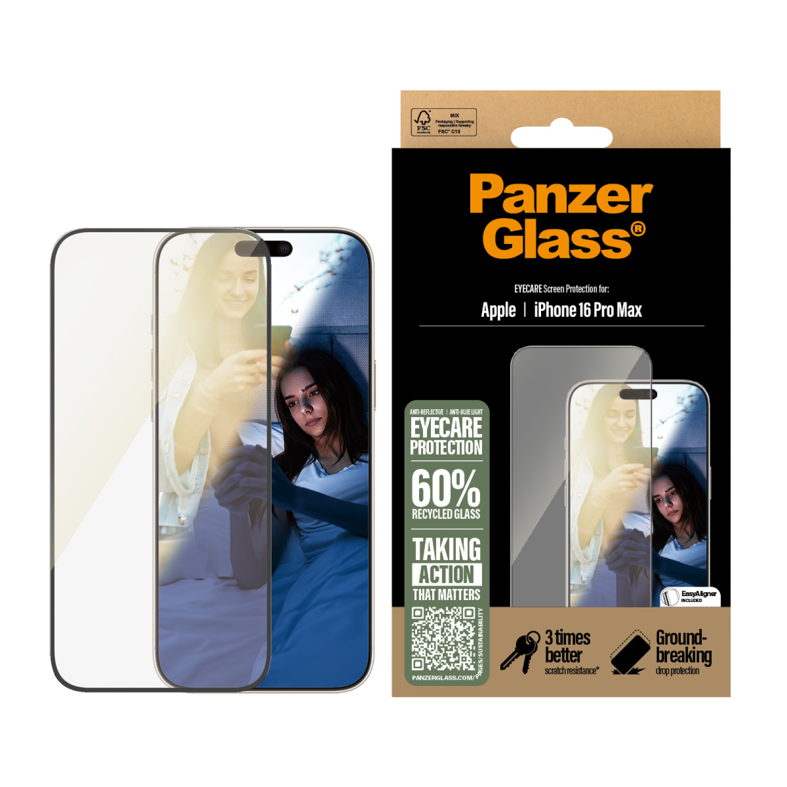 Стъклен протектор PanzerGlass за iPhone 16 Pro Max, EyeCare, Ultra-Wide Fit