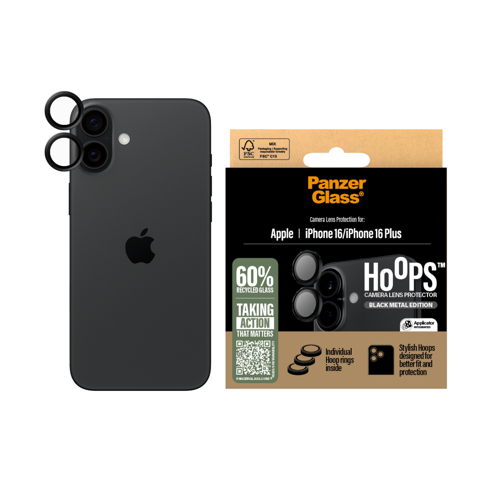 Протектор за камера PanzerGlass Hoops Black Lens Protector за iPhone 16/16 Plus