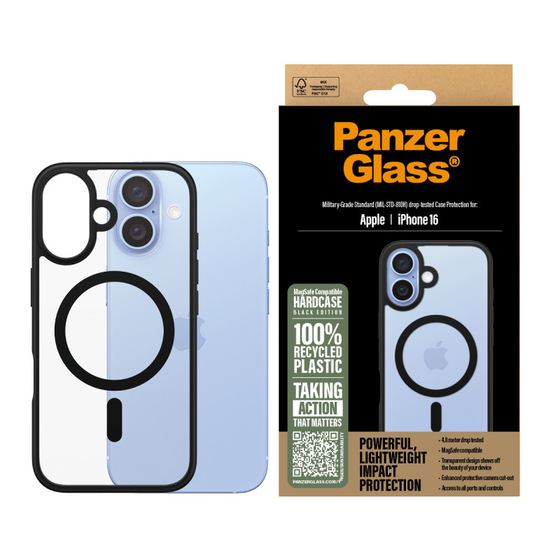 Гръб PanzerGlass HardCase за iPhone 16, Black MagSafe - Прозрачен