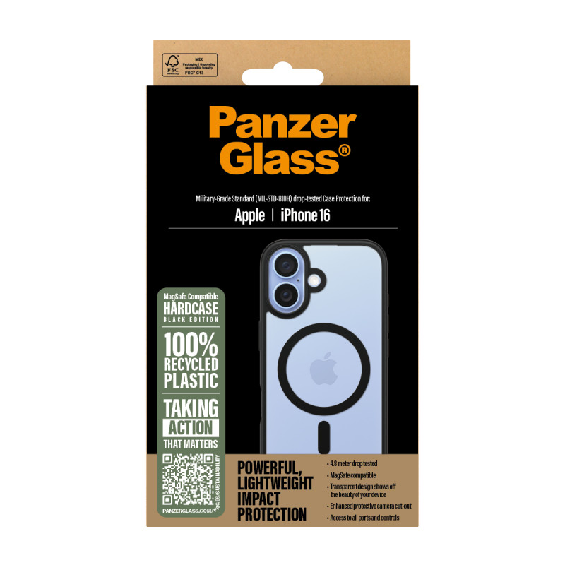 Гръб PanzerGlass HardCase за iPhone 16, Black MagSafe - Прозрачен