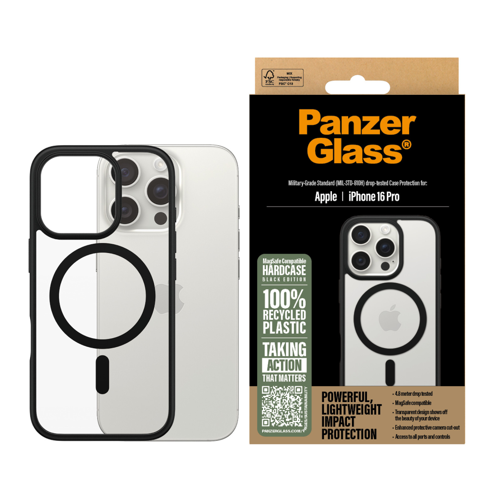 Гръб PanzerGlass HardCase за iPhone 16 Pro, Black MagSafe - Прозрачен