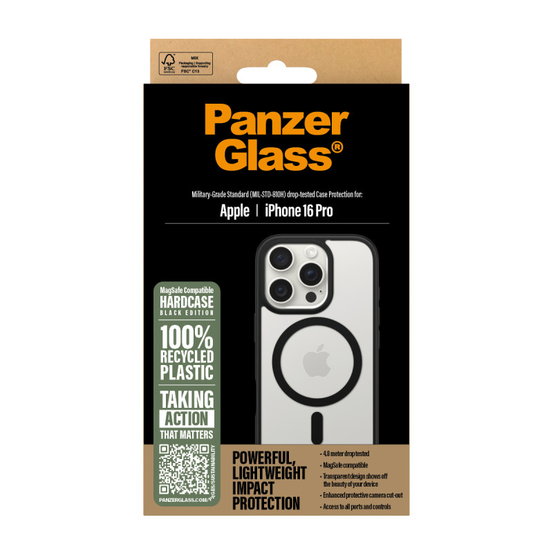 Гръб PanzerGlass HardCase за iPhone 16 Pro, Black MagSafe - Прозрачен