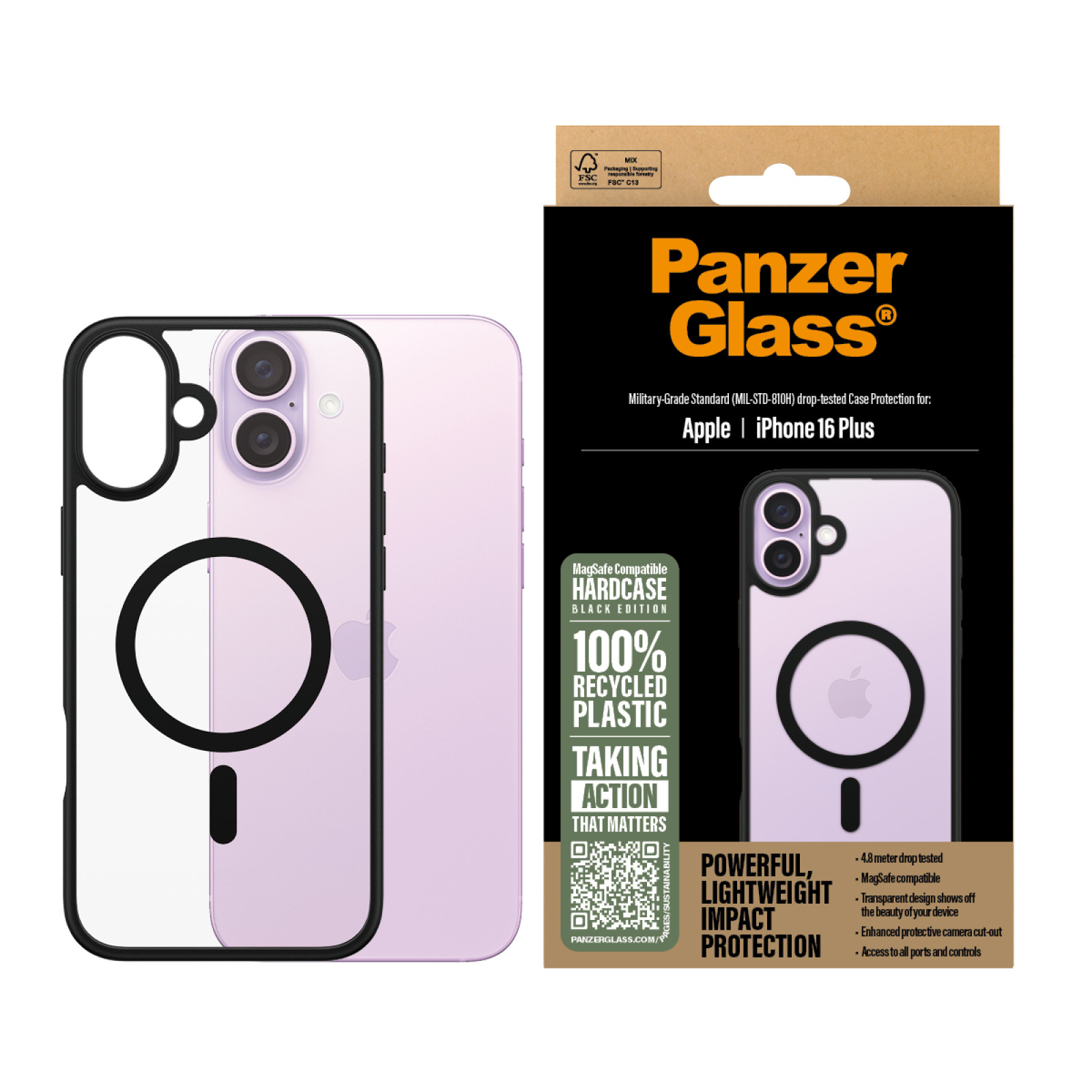 Гръб PanzerGlass HardCase за iPhone 16 Plus, Black MagSafe - Прозрачен