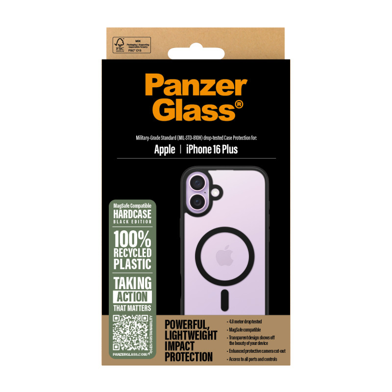 Гръб PanzerGlass HardCase за iPhone 16 Plus, Black MagSafe - Прозрачен