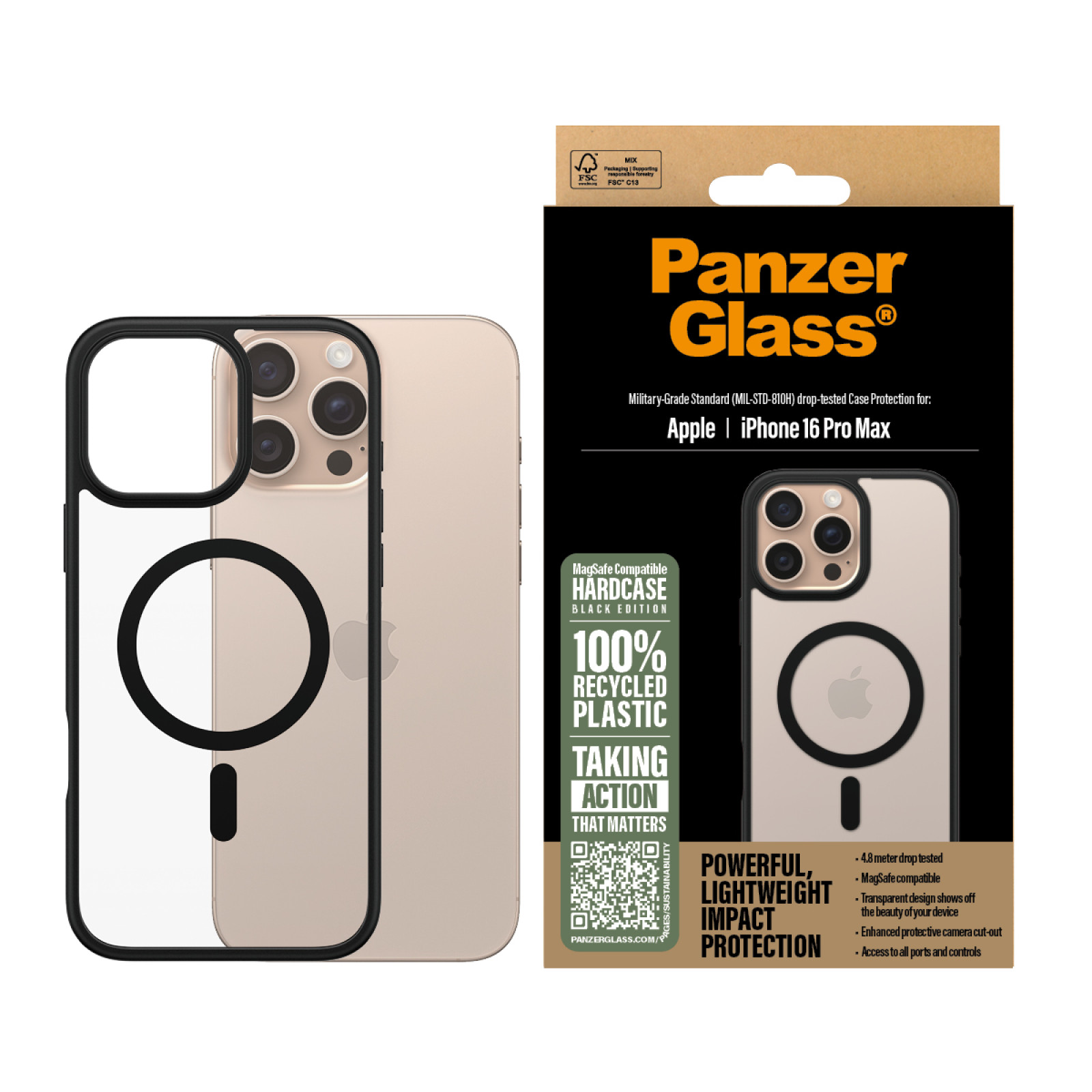 Гръб PanzerGlass HardCase за iPhone 16 Pro Max, Black MagSafe - Прозрачен