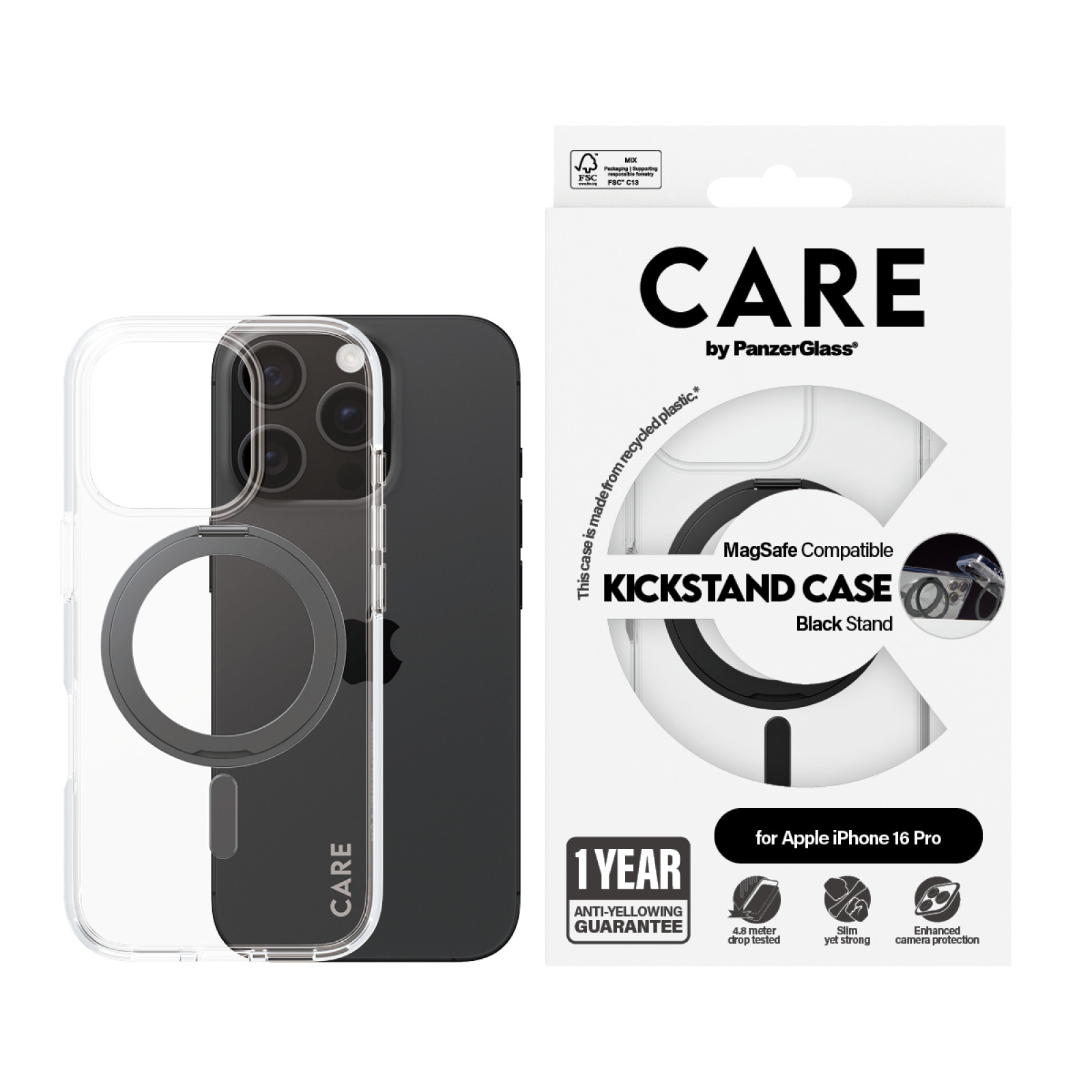 Гръб CARE by PanzerGlass за iPhone 16 Pro, Feature Case Black Kickstand and MagSafe