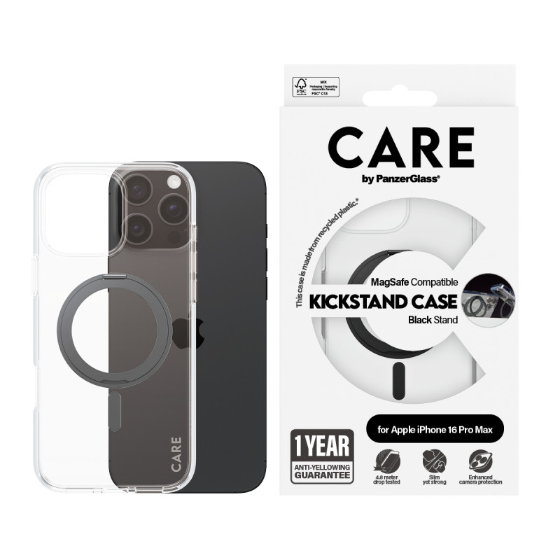 Гръб CARE by PanzerGlass за iPhone 16 Pro Max, Feature Case Black Kickstand and MagSafe