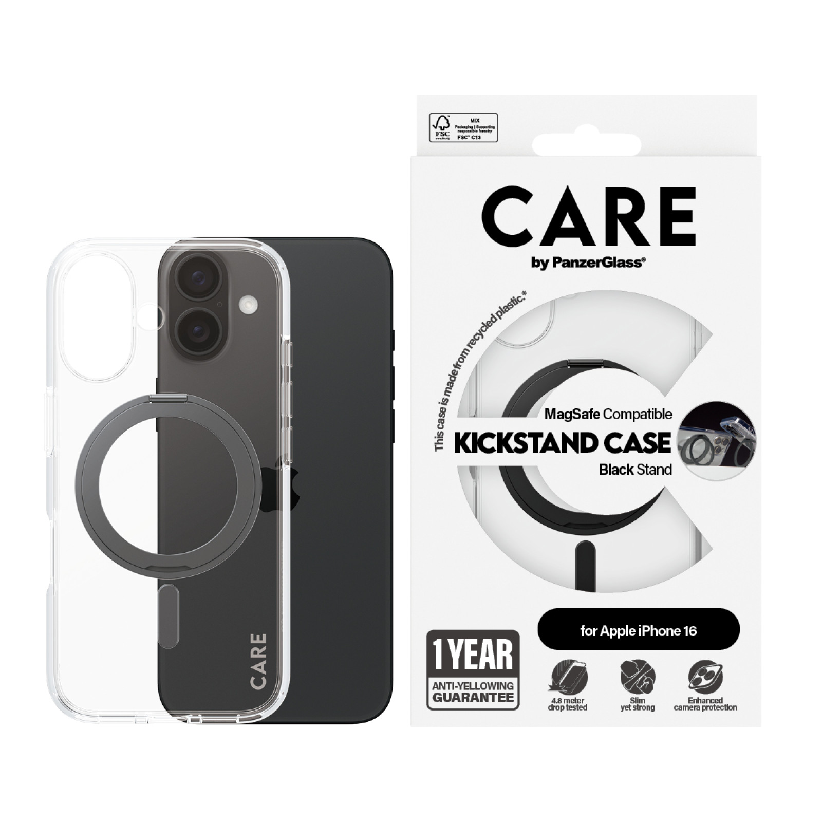 Гръб CARE by PanzerGlass за iPhone 16, Feature Case Black Kickstand and MagSafe