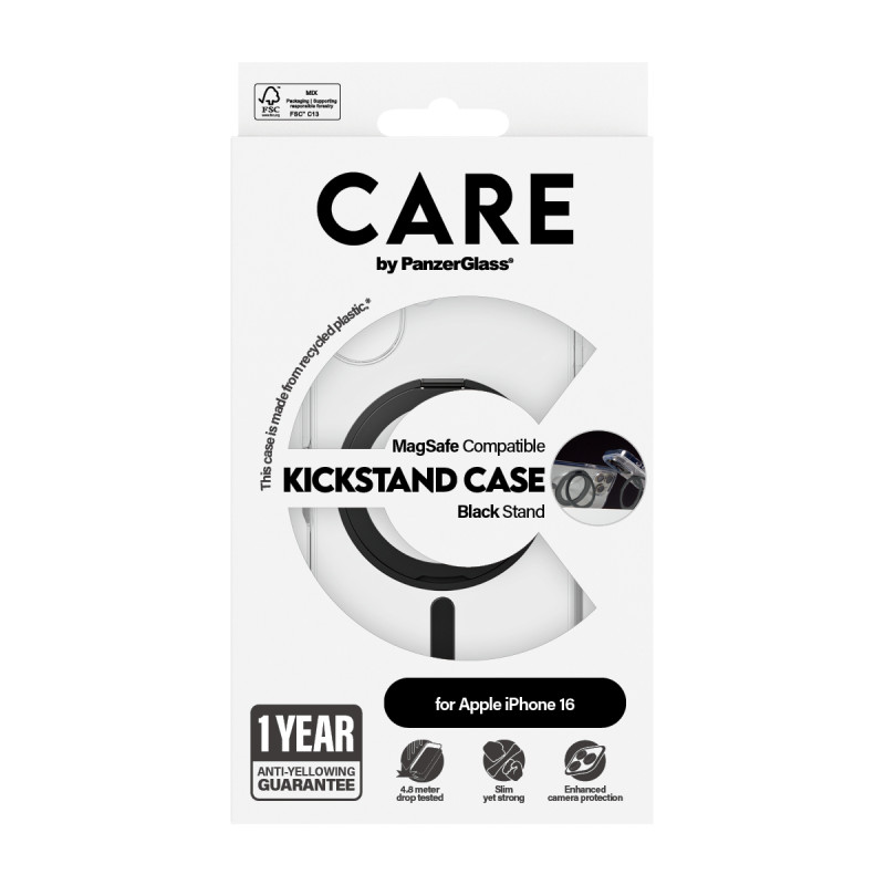 Гръб CARE by PanzerGlass за iPhone 16, Feature Case Black Kickstand and MagSafe