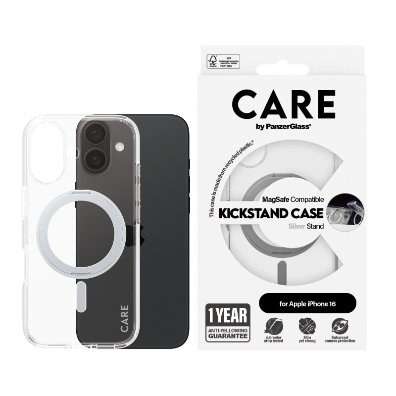 Гръб CARE by PanzerGlass за iPhone 16, Feature Case Silver Kickstand and MagSafe