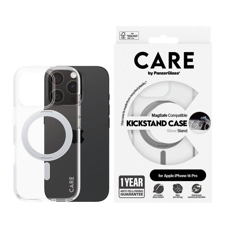 Гръб CARE by PanzerGlass за iPhone 16 Pro, Feature Case Silver Kickstand and MagSafe